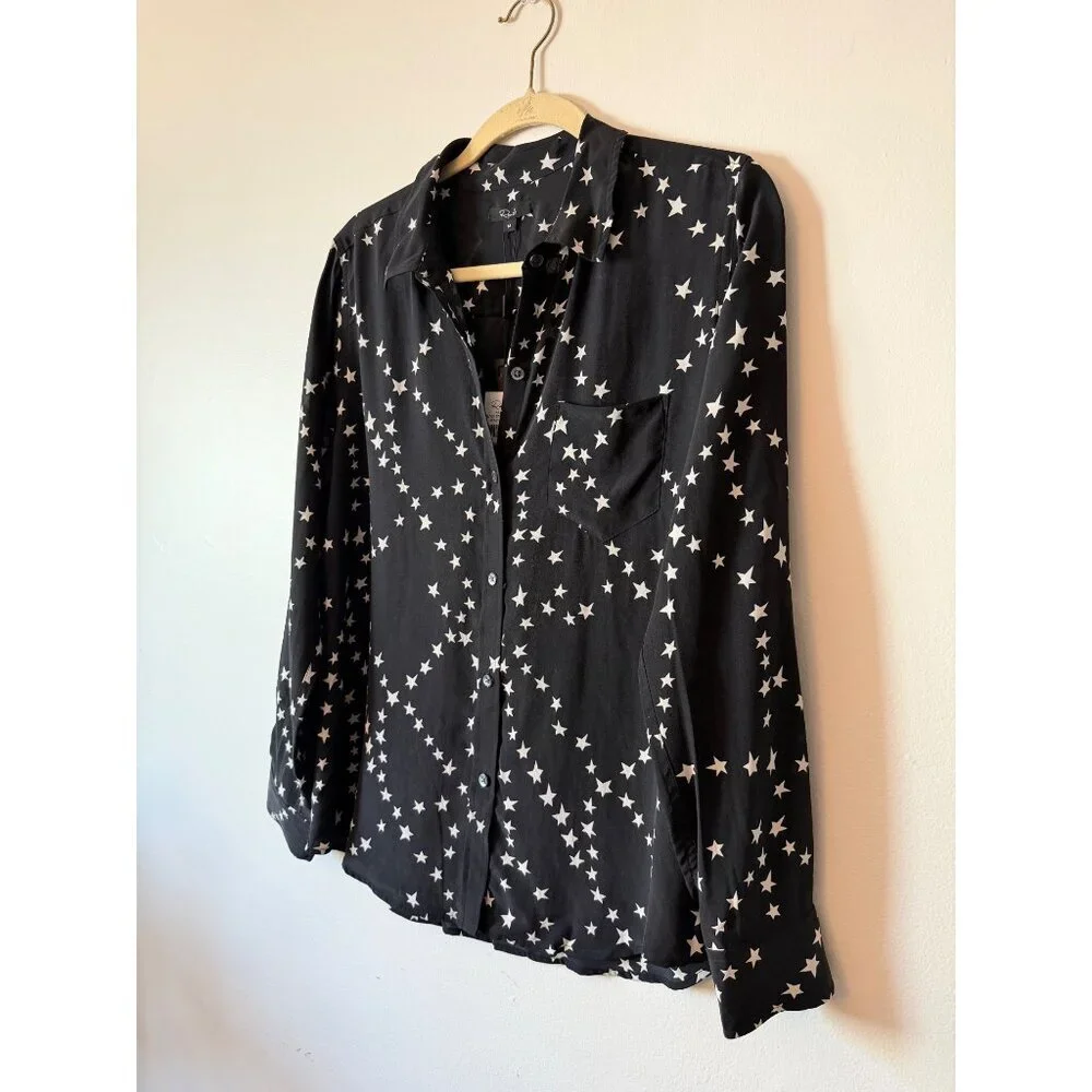 Rails Kate Black Star Chain Button-Down Shirt 100% Silk Size M